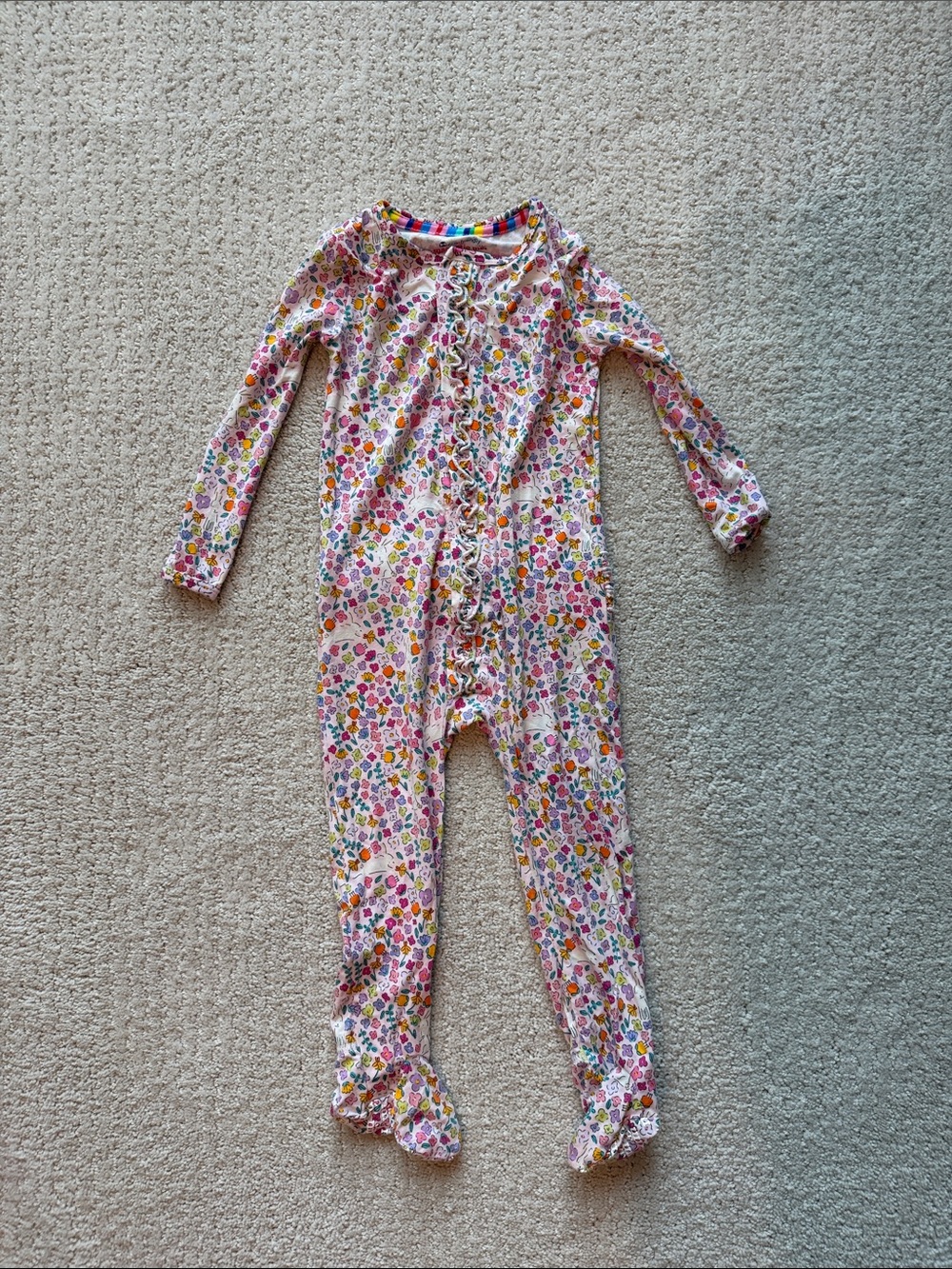 Magnetic me Floral Ruffled Footed One-Piece Pajama - Pink Multi
